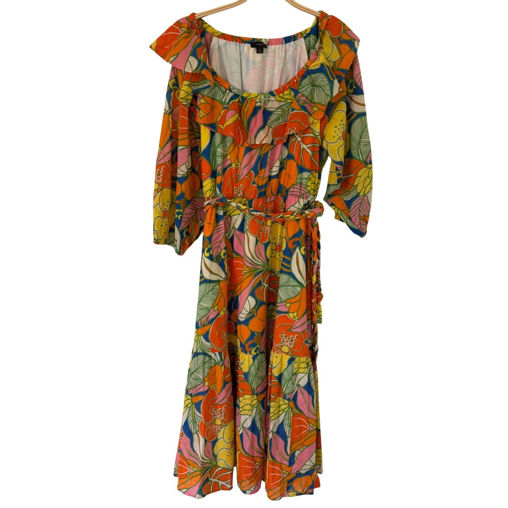 J.Crew Womens Tropical Floral Ruffle Midi Dress Orange Yellow Blue Size L